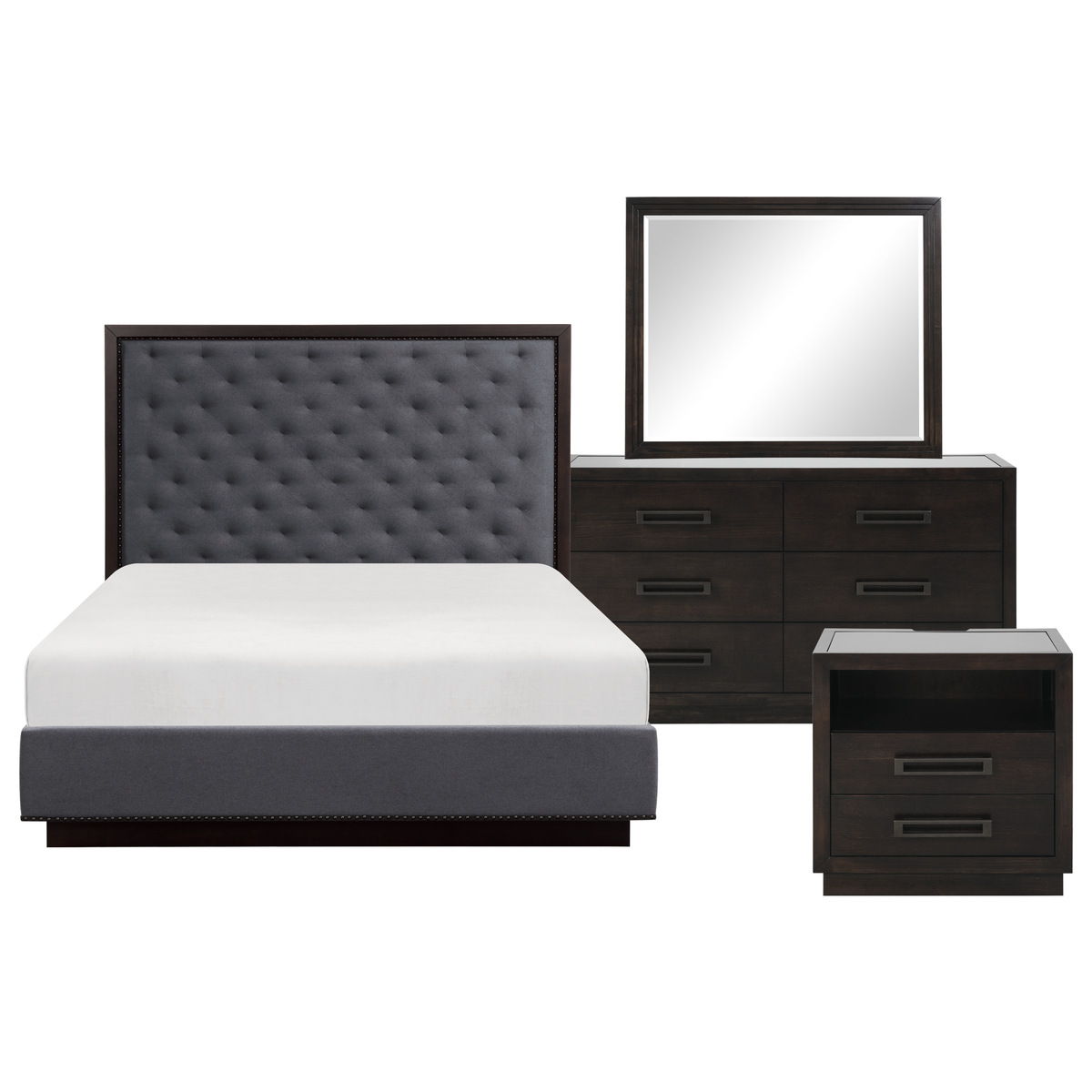Larchmont - 4 Piece Set (Queen Bed, Nightstand, Dresser, Mirror) - Charcoal