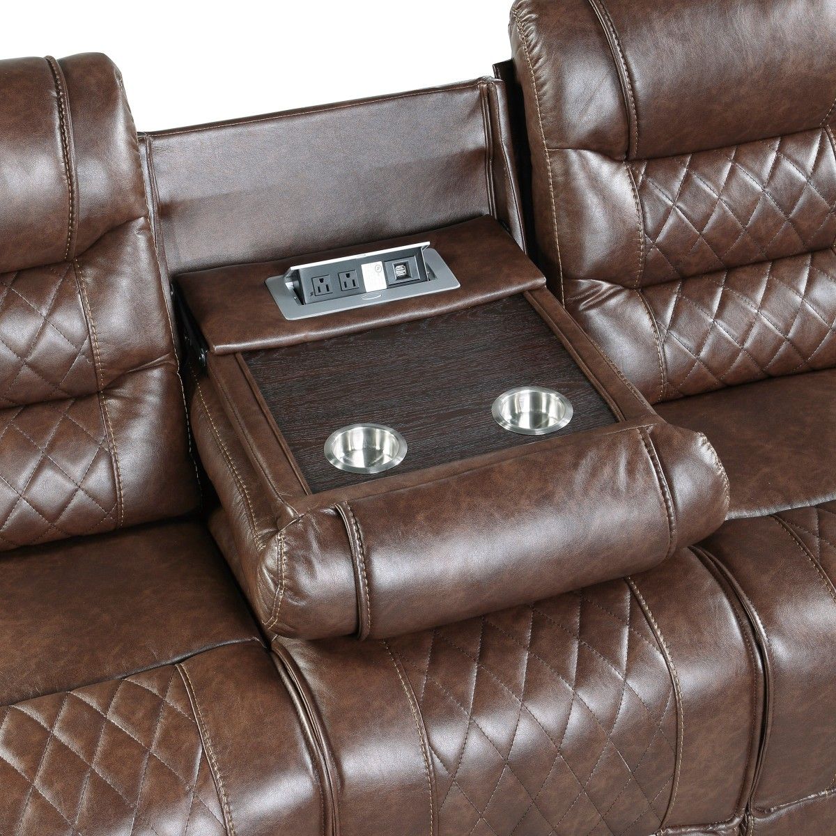 Putnam - Double Reclining Sofa With Center Drop-Down Cup Holders, Receptacles And USB Ports - Brown