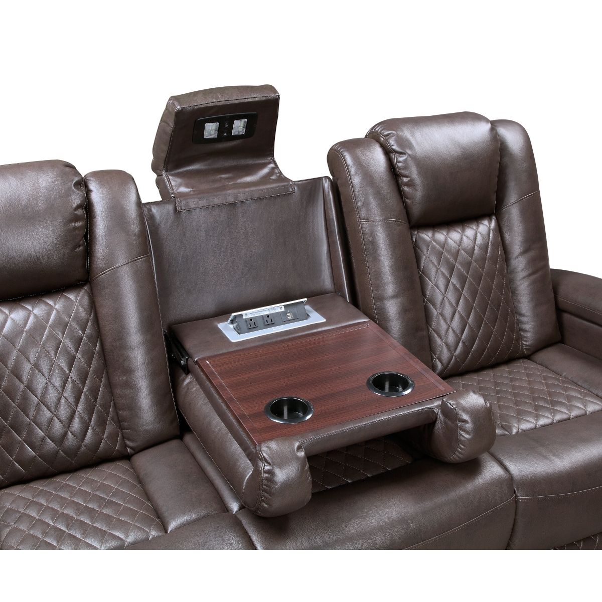 Caelan - Power Double Reclining Sofa With Center Drop-Down Cup Holders, Power Headrests, Storage Arms, Cup Holders And Reading Lights - Dark Brown