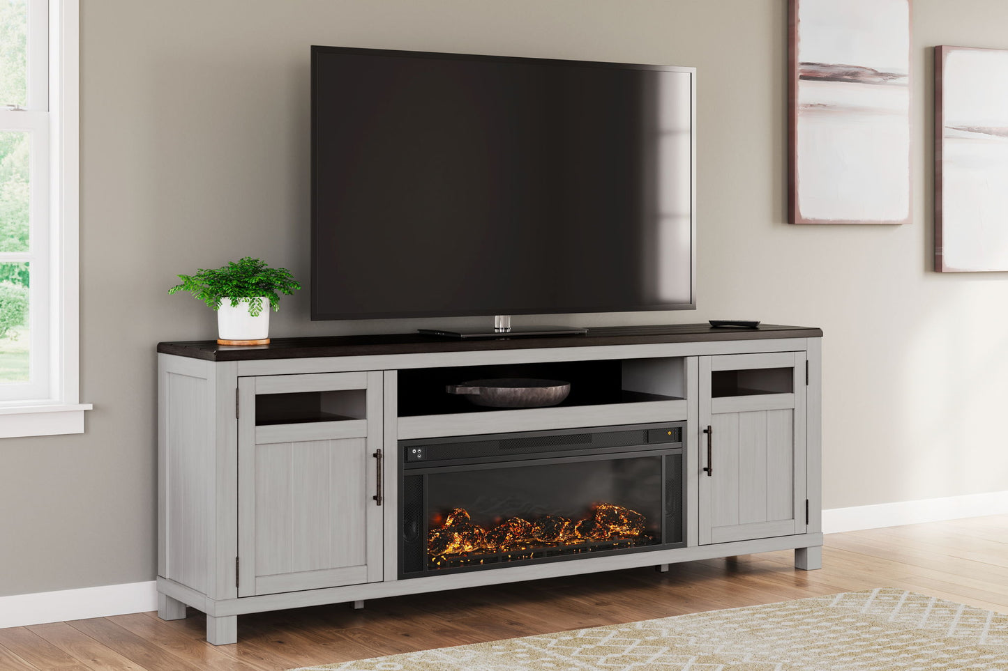 Darborn - 88" TV Stand With Electric Infrared Fireplace Insert - Gray / Brown