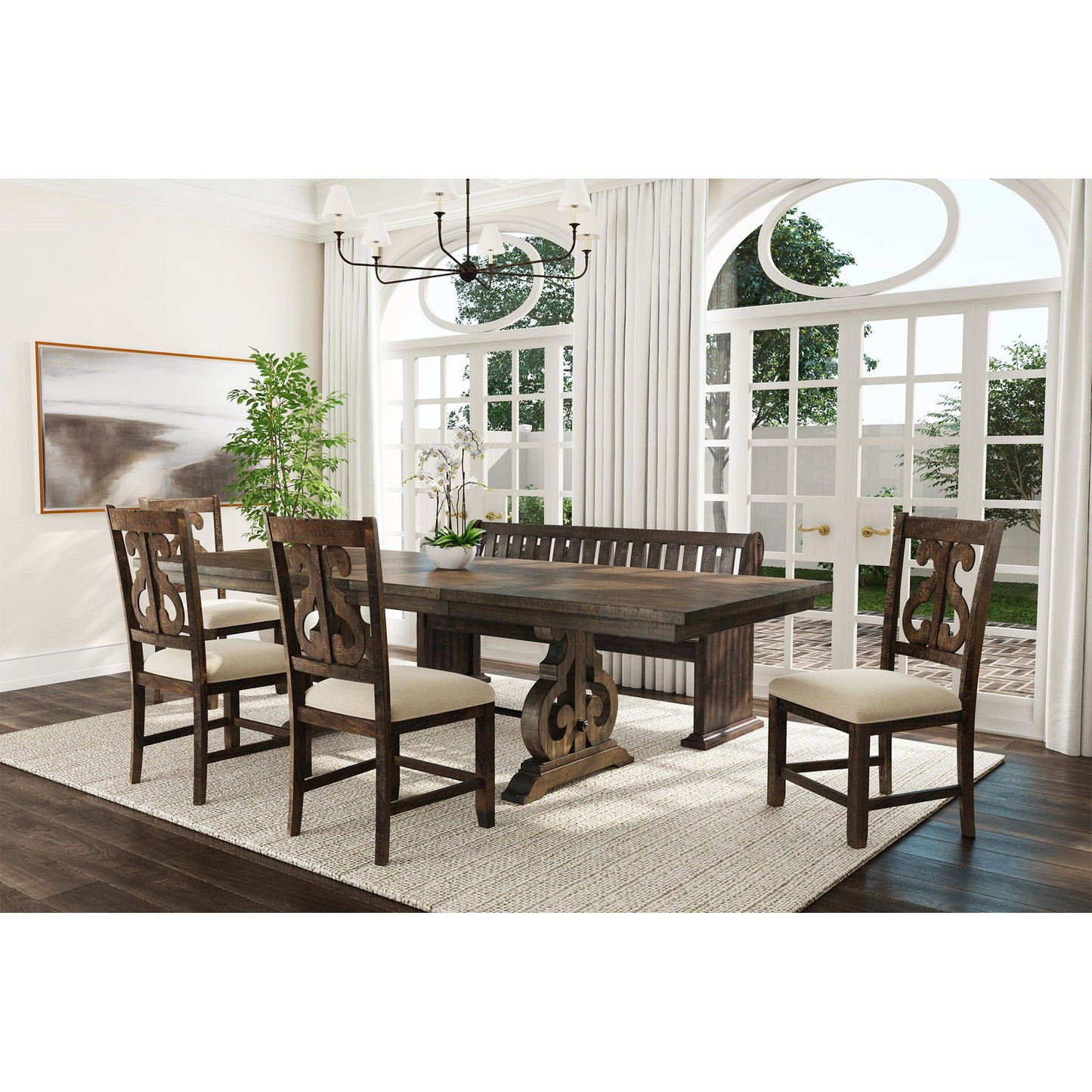 Stone - 6 Piece Dining Set Table & 4 Wooden Swril Back Side Chairs & Pew Bench - Charcoal