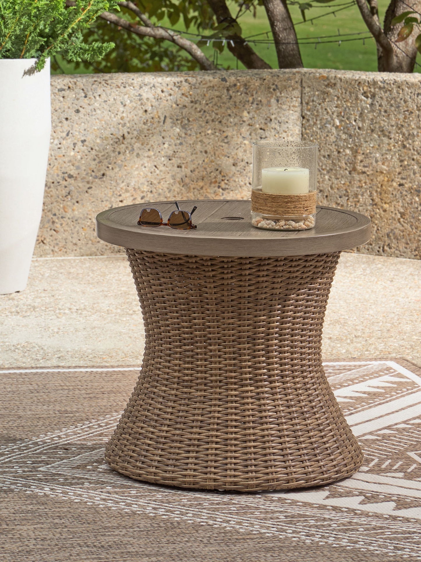 Revare Beach - Round End Table With Umbrella Option - Beige