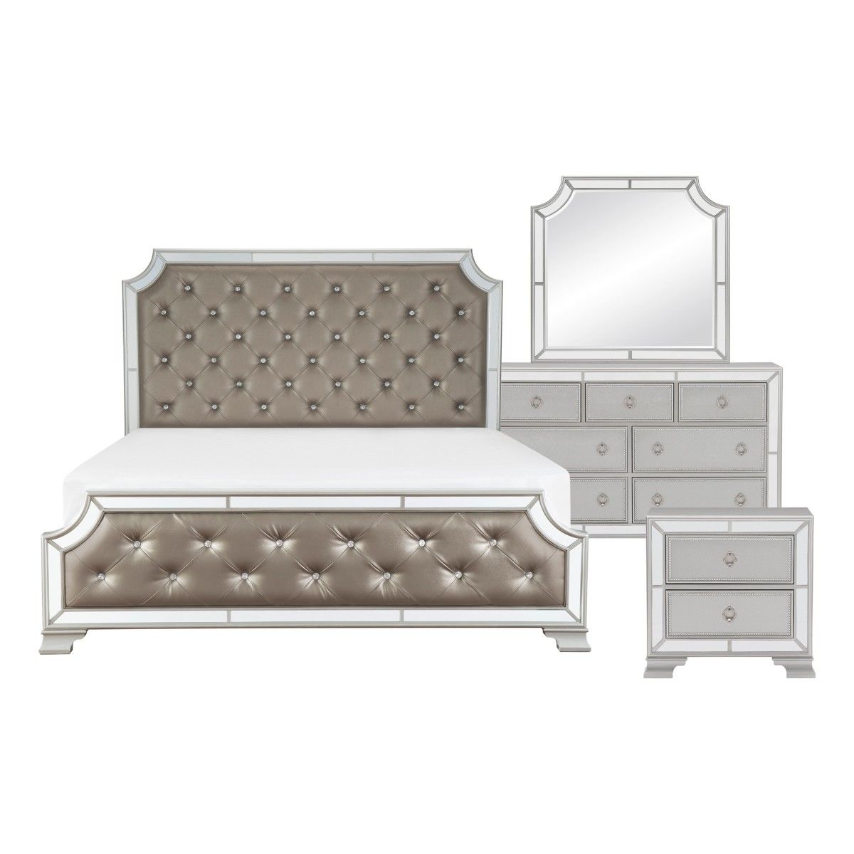 Avondale - 4 Piece Set (Queen Bed, Nightstand, Dresser, Mirror) - Gray / Silver
