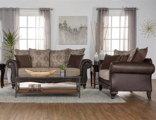 Elmbrook - Upholstered Rolled Arm Sofa Set With Intricate Wood