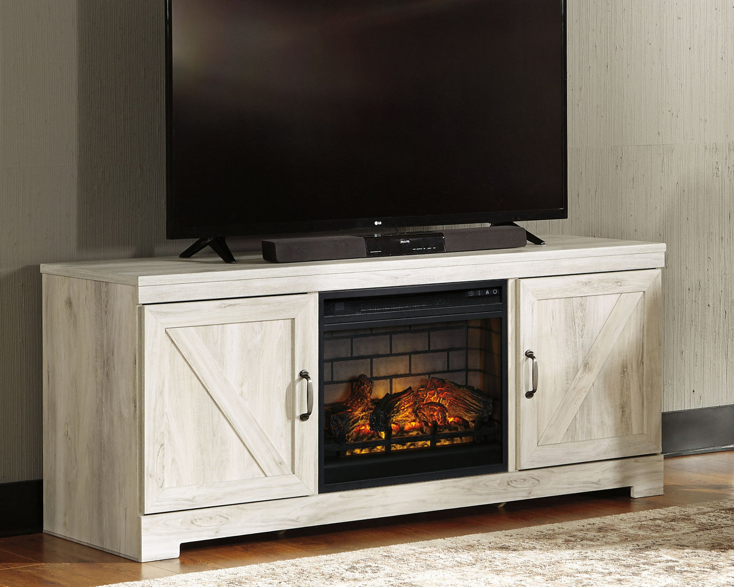 Bellaby - 63" TV Stand With Faux Firebrick Fireplace Insert - Whitewash