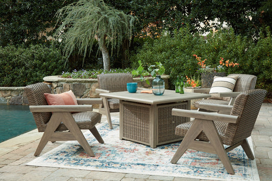 Carisbo - 5 Pc. - Fire Pit Table, 4 Rocking Chairs - Beige