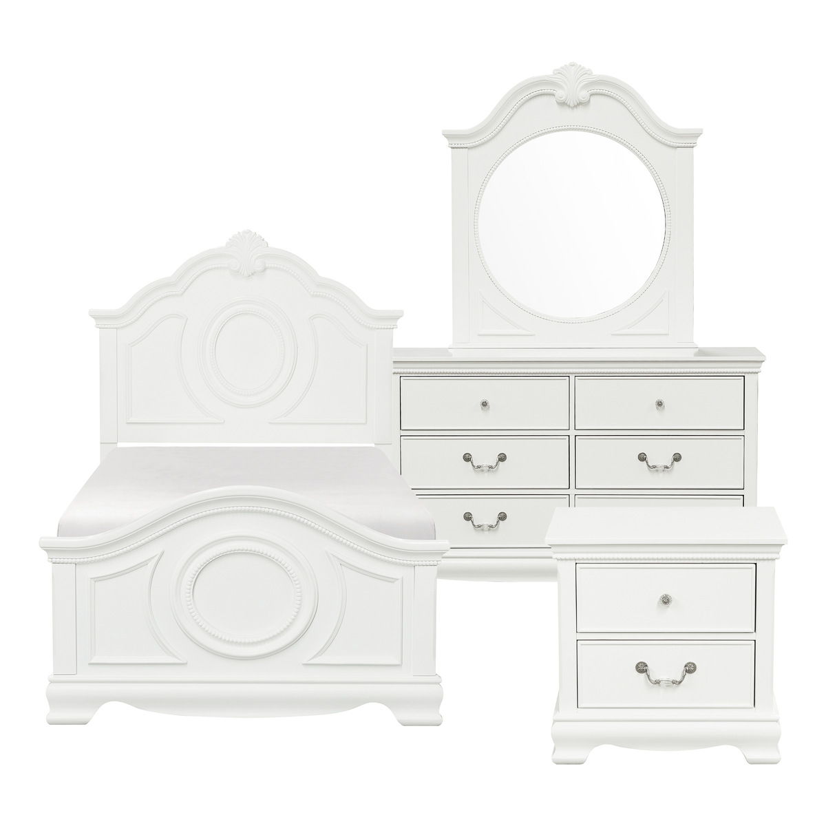 Lucida - 4 Piece Set (Twin Bed, Nightstand, Dresser, Mirror) - White
