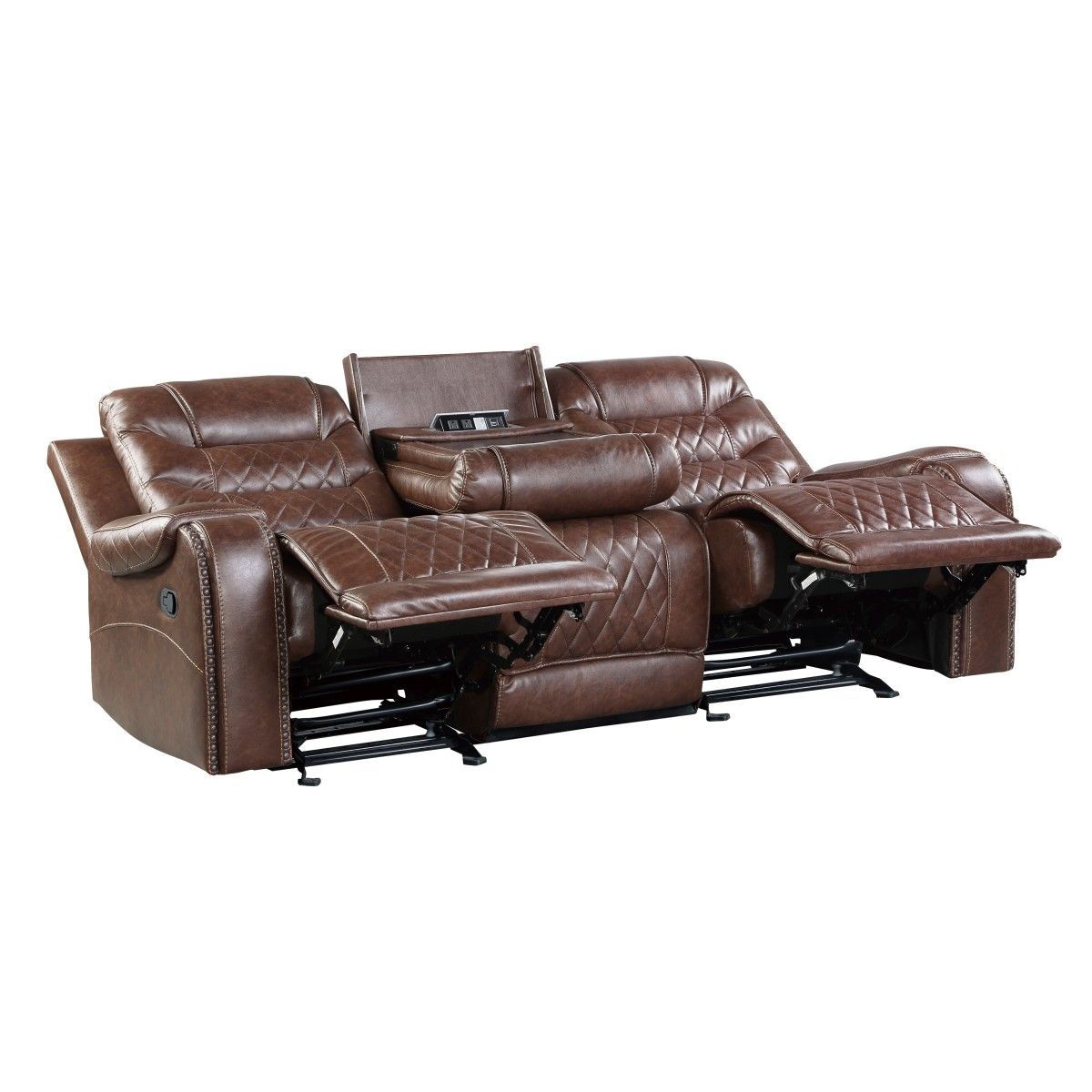 Putnam - Double Reclining Sofa With Center Drop-Down Cup Holders, Receptacles And USB Ports - Brown