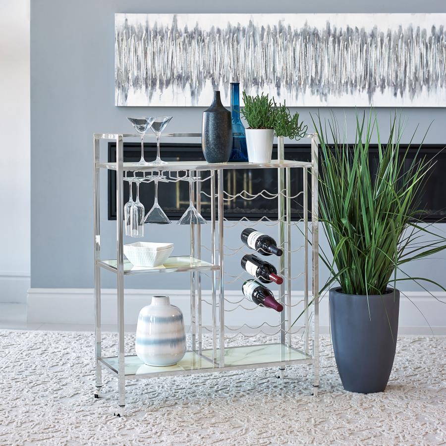 Derion - 3-Tier Rectangular Glass Shelf Metal Bar Cart - Chrome