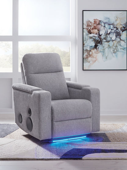 Landdin - Glider Power Recliner With Audio System - Pewter
