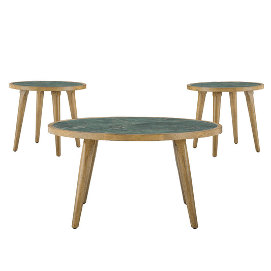 Novato - 3 Piece Sintered Stone Table Set (Cocktail Table & 2 End Tables) - Green / Light Brown