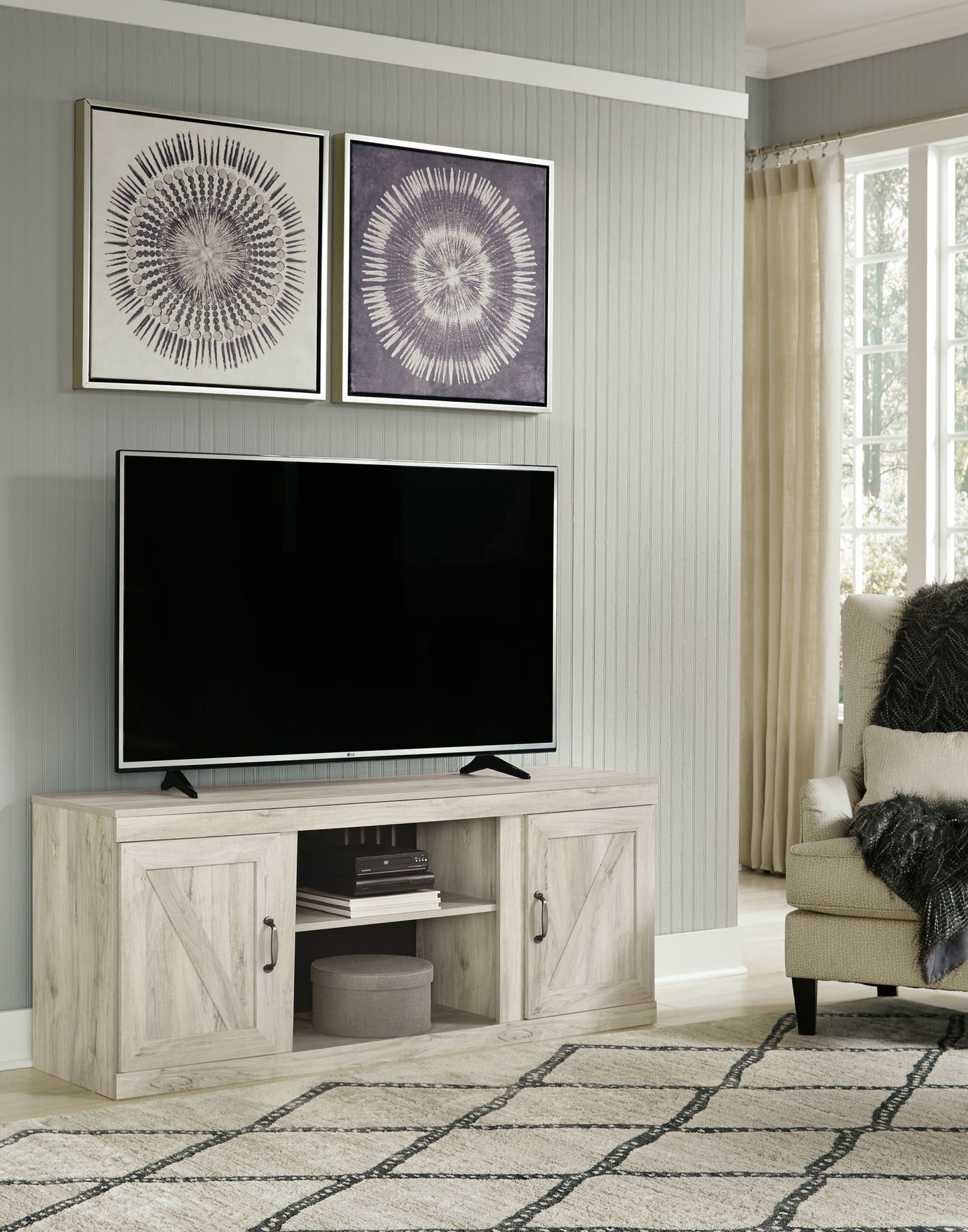 Bellaby - TV Stand With Faux Firebrick Fireplace Insert - Whitewash