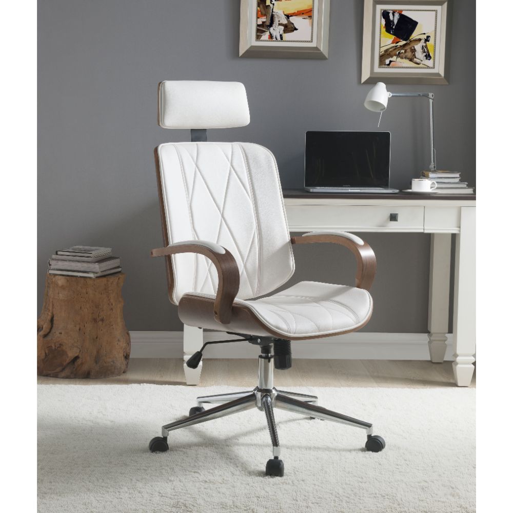 Yoselin - Office Chair - White PU & Walnut