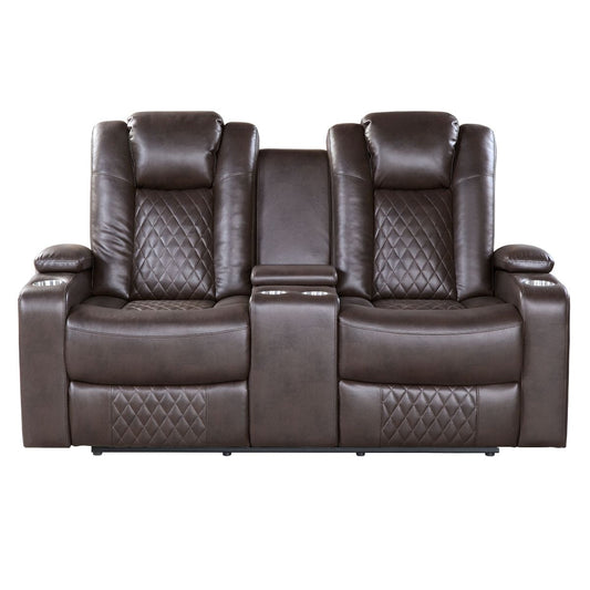 Caelan - Power Double Reclining Loveseat With Center Console, Power Headrests, Storage Arms And Cup Holders - Dark Brown