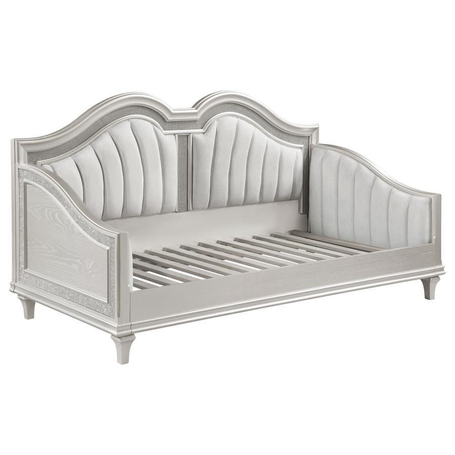 Evangeline - Upholstered Twin Daybed With Faux Diamond Trim - Silver And Ivory