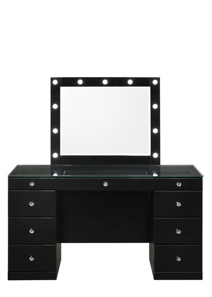 Avery - Vanity Desk With Glass Top, LED Mirror & Stool - Black